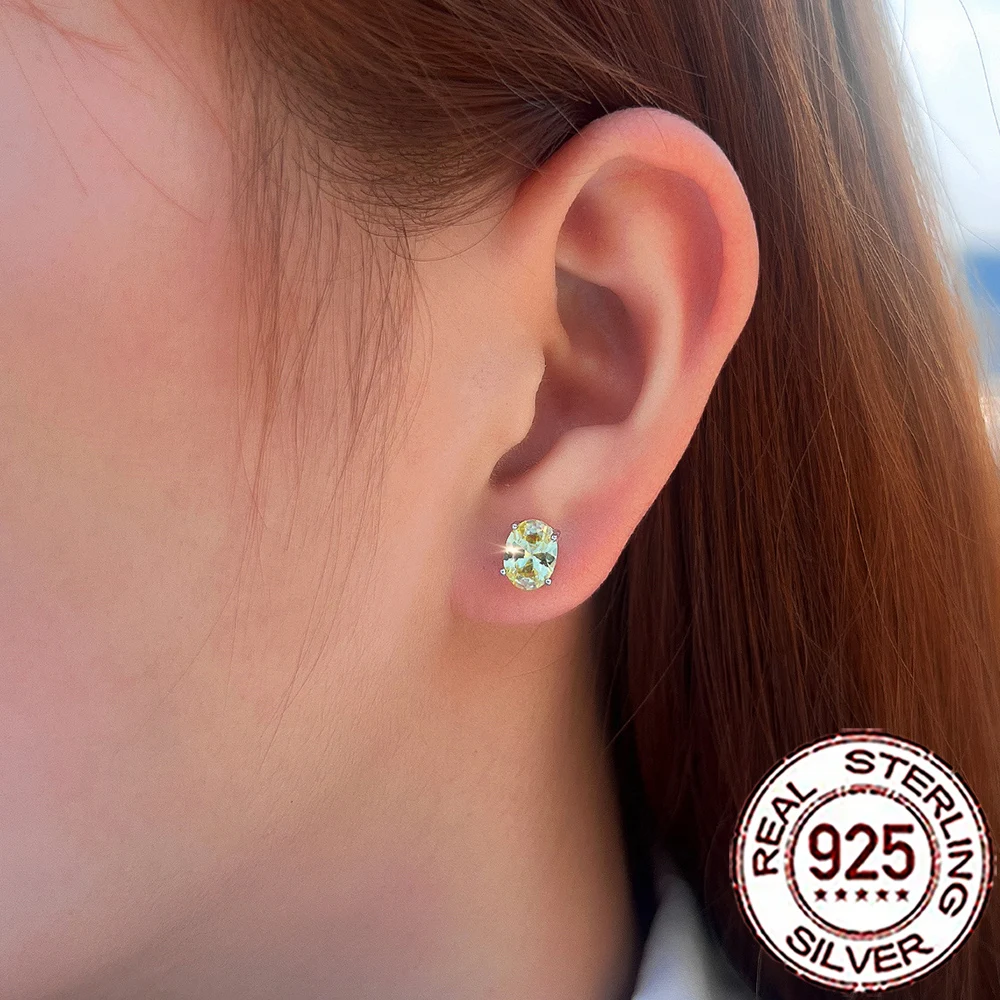 

QooLady S925 Sterling Silver Trendy Olive Green Cubic Zircon Fine Oval Round Stud Earrings for Women Wedding Party Jewelry SE141