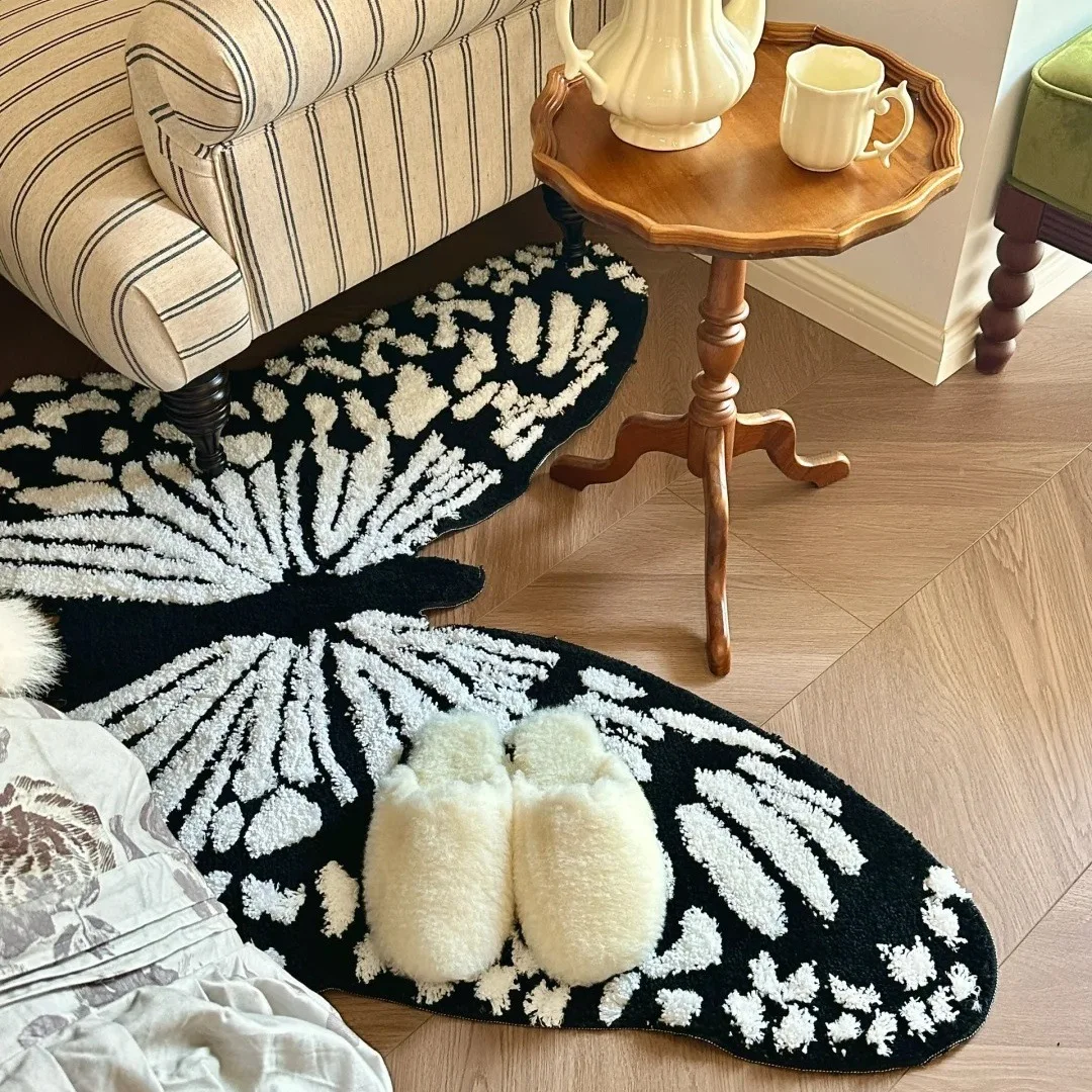 Flocked High Low Pile Area Rug Black White Butterfly Pattern Luxury Floor Mat for Living Room Bedroom Bedside Decorative Carpet