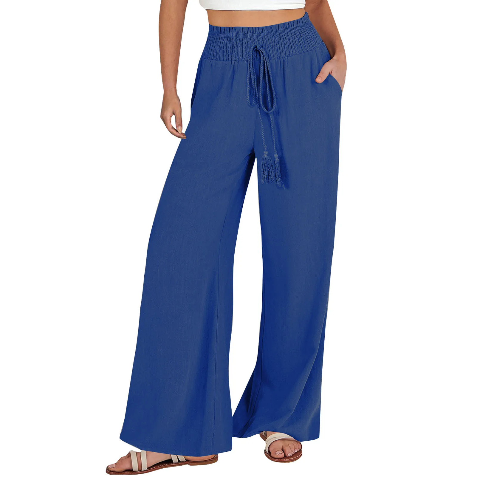 

Spring Summer New Pants Solid Color Cotton High Pull Elastic Waist Wide Leg Women's Casual Pants Female Elegant Loose Bottom