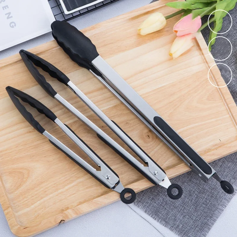 

1PC 7/9/12inch Silicone Kitchen Bbq Stainless Steel Silicone Kitchen Bbq Steak Bbq Bread Food Clip Funda para parrilla Food