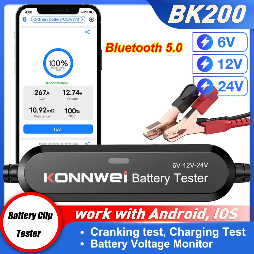 KONNWEI BK100 BK200 Bluetooth 5.0 Car Motorcycle Battery Tester 6V 12V Battery Monitor 100-2000 CCA Charging Cranking Test Tools