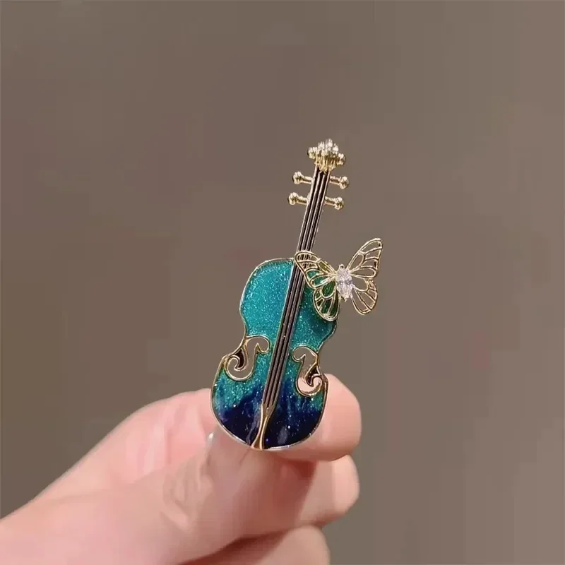 Creative Violin Shaped Brooches Faux Pearl Rhinestone Metal Butterfly Pins Overcoat Decor Jewelry Accessories Birthday Gifts - view 4