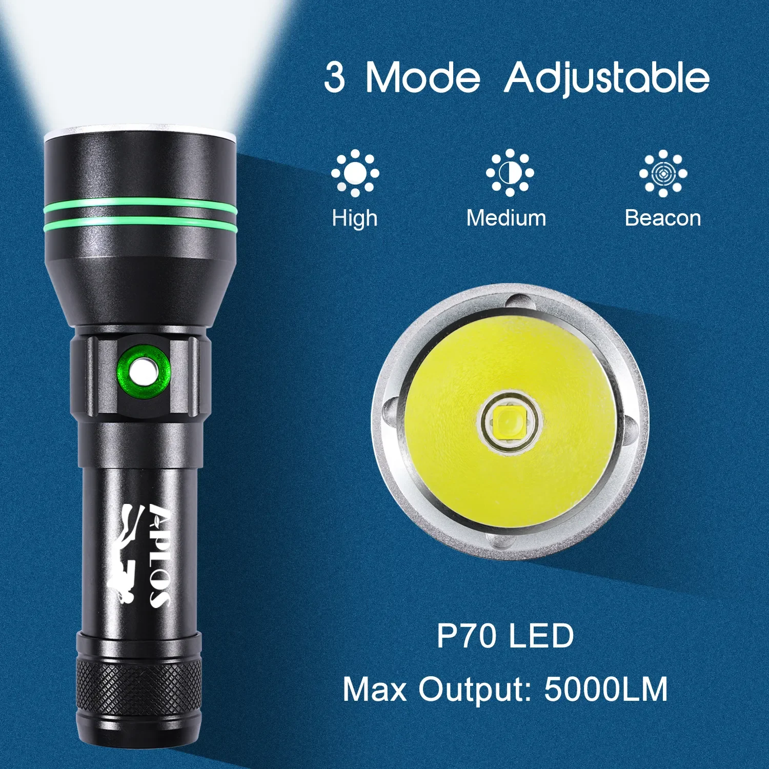 APLOS AP50 Scuba Diving Flashlight P70 Super Bright 5000lm 26650 Battery Dive Torch 110m Underwater IPX-8 Dive Lamp Lantern