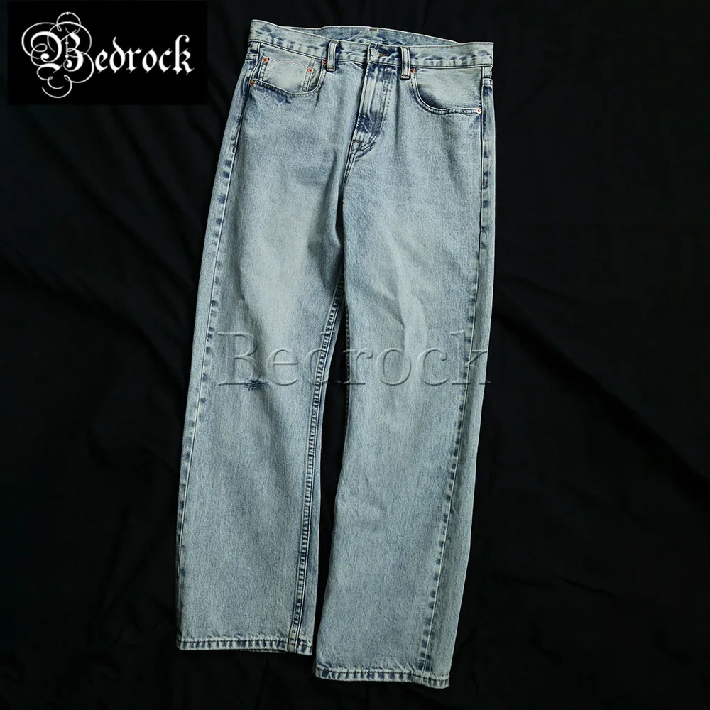 MBBCAR 14 oz Vintage 80s Casual Light Blue One Washed Straight Leg Jeans Knee Hole Selvedge Denim Ripped Pants