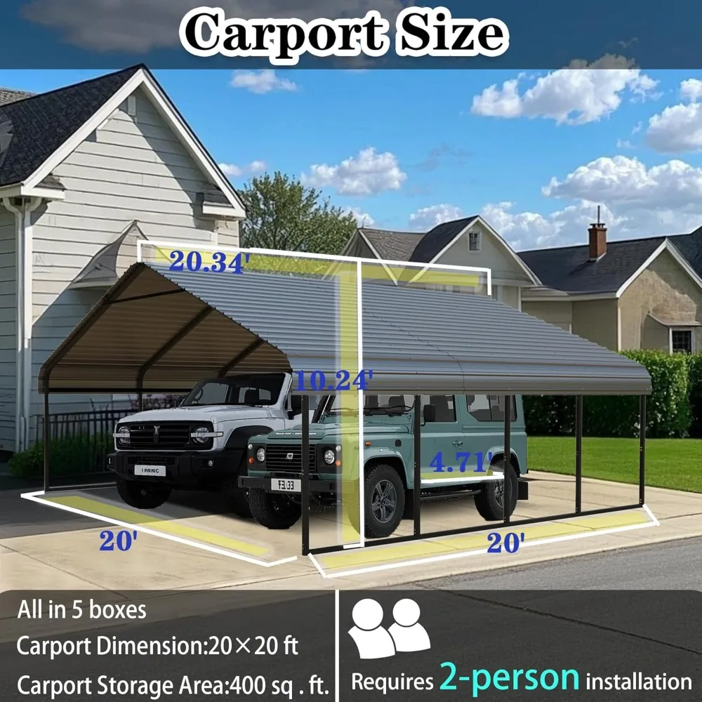 

Heavy-duty Metal Carport, 20x20 Ft Galvanized Steel Carport, Extra-large Canopy, Garage Party Tent