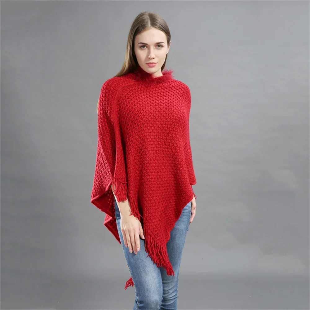 Autumn Winter Women Triangle Long Capes Poncho Tassel Knitwear Faux Fur O Neck Outstreet Pullover Loose Knitted Plaid Shawl