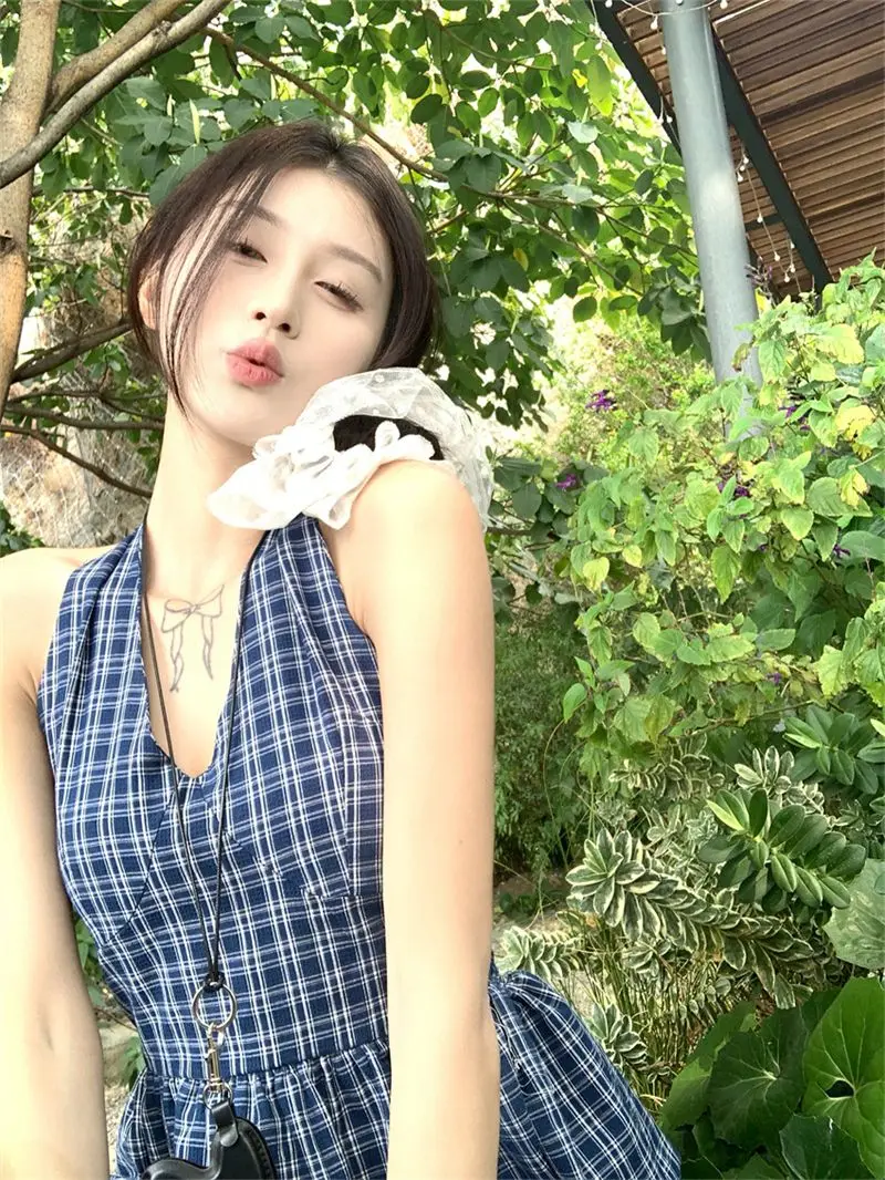 

Unique Checkered Halter Neck Top Women's Summer Ruffle Waist Tie Slim Fit Blouse