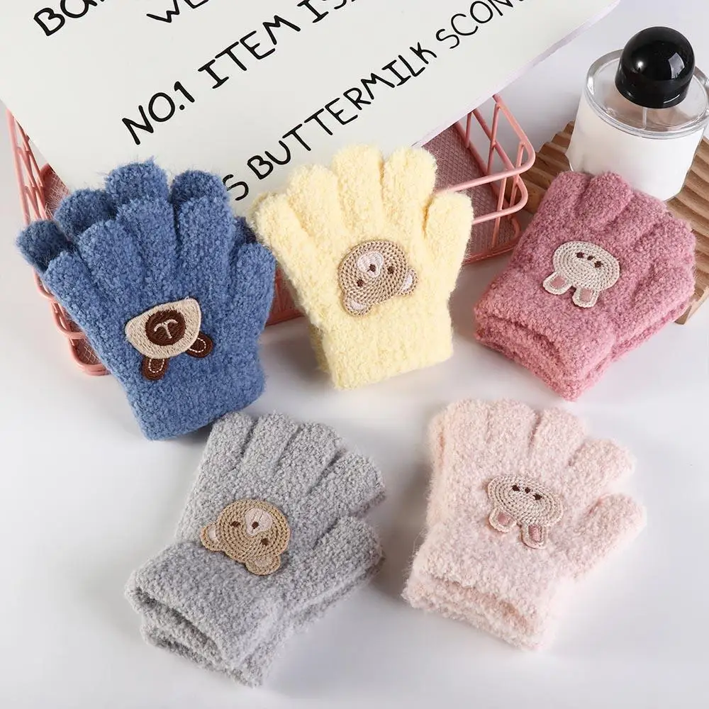 Cute Bear Baby Fluffy Gloves Rabbit Flower Cartoon Pattern Gloves Korean Style Solid Color Knitted Mittens Children