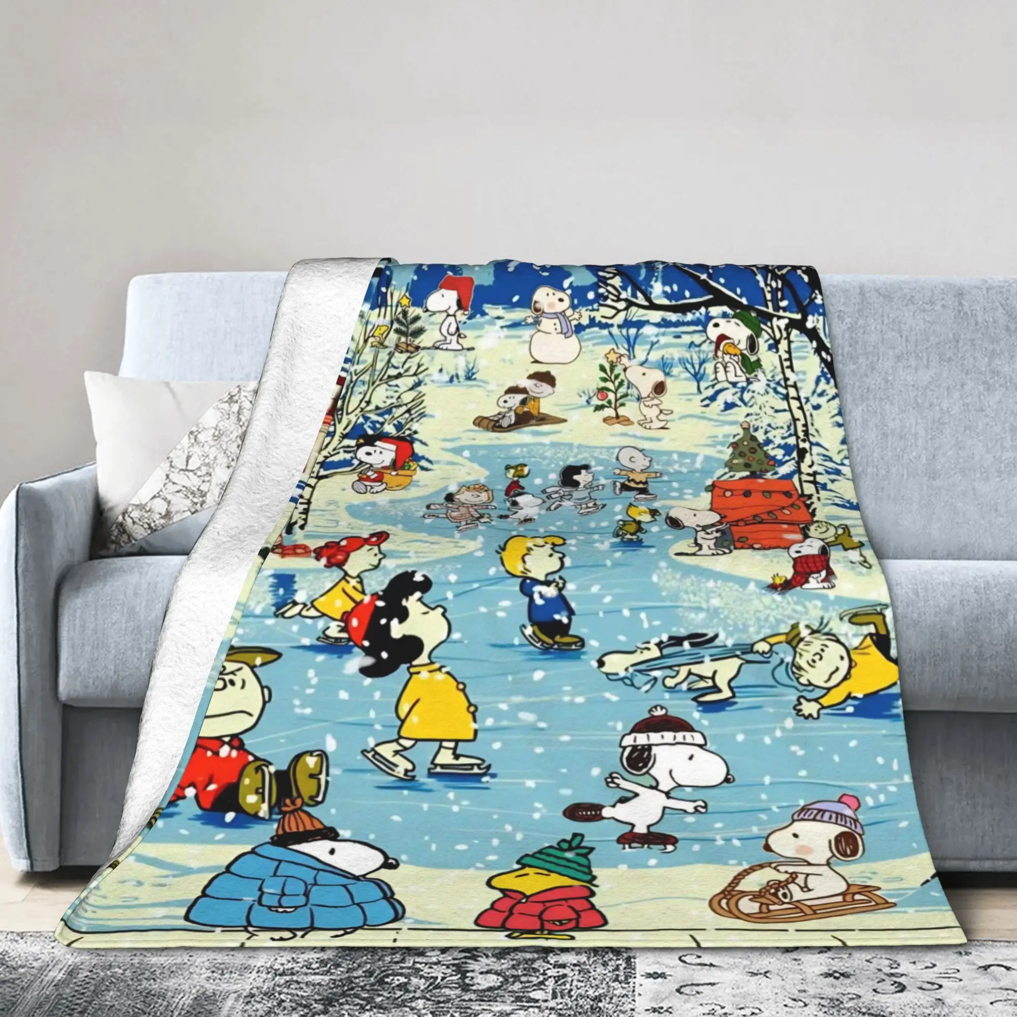 S-Snoopys Xmas Snowman Santa  Flannel Blankets  Funny Throw Blanket for Home 150*125cm Bedspreads