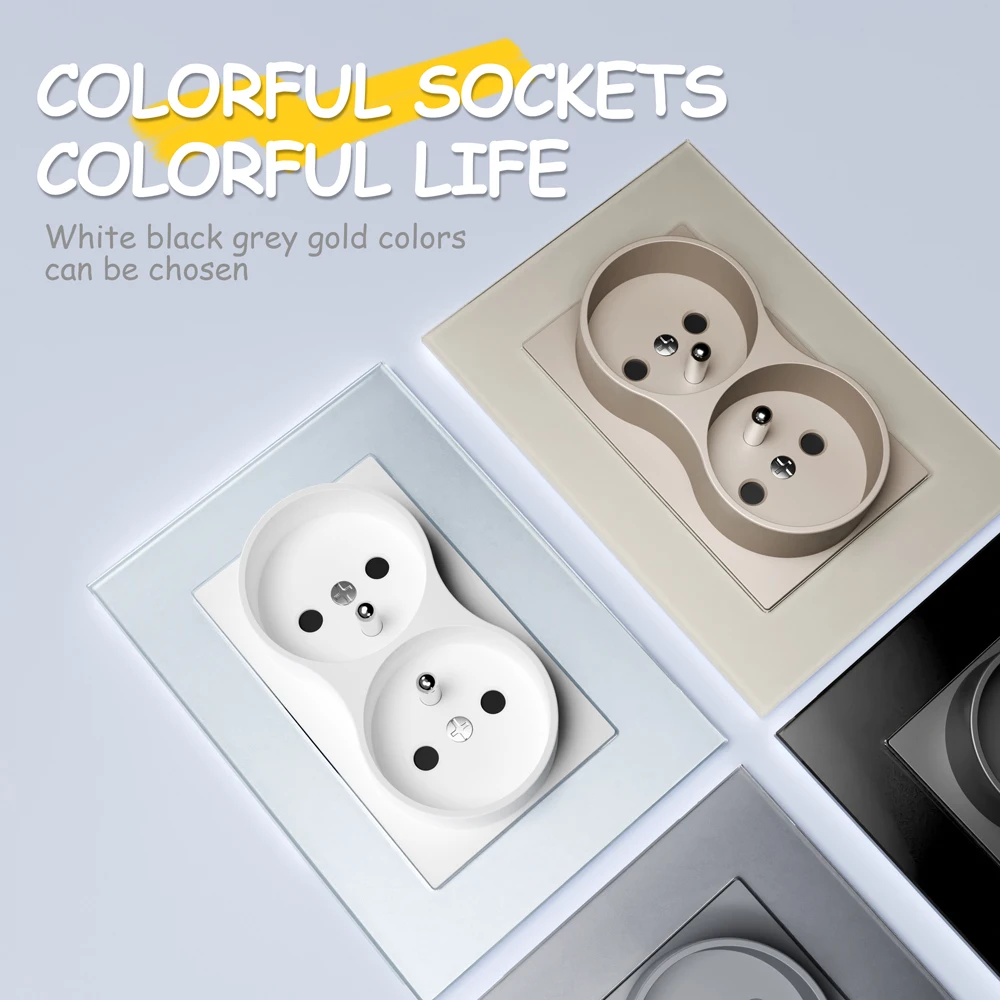 European standard 86*86mm tempered glass double French socket 16A with ce certification 110-250V