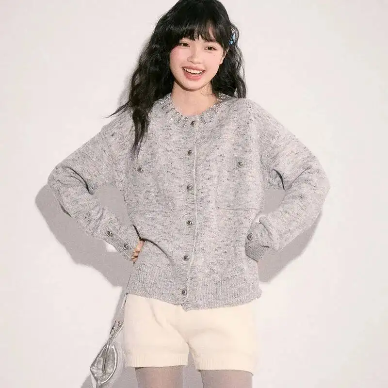 

Women Grey Knitted Cardigans Sweet Simple O Neck Long Sleeve Pockets Sweater Female Autumn Winter New Buttons Knitwear Jacket