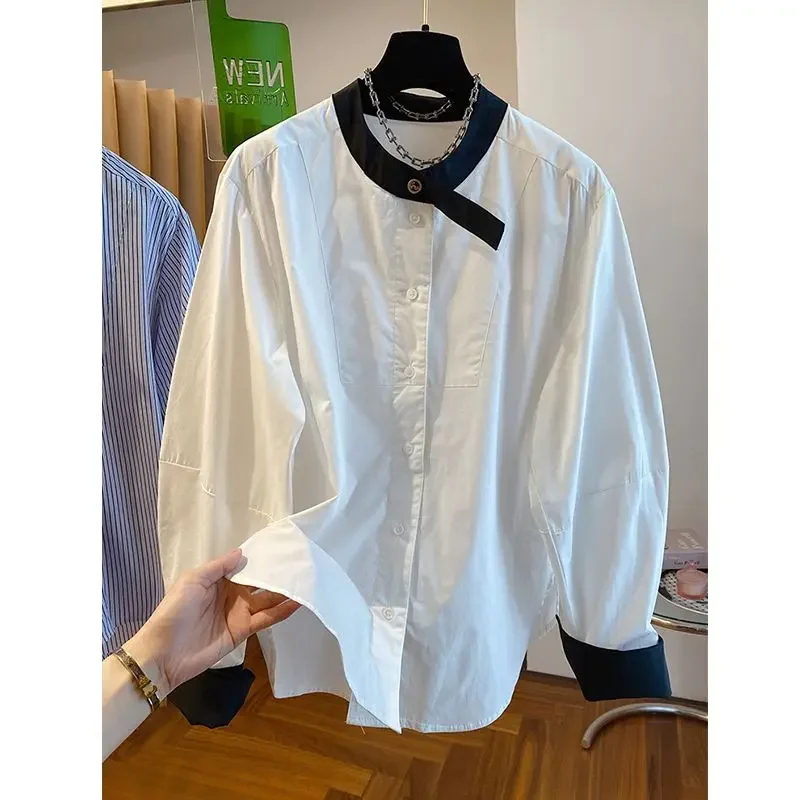 EBAIHUI-camisa feminina de manga comprida com gola redonda, estilo coreano, blusa simples e versátil feminina, blusa casual solta, primavera