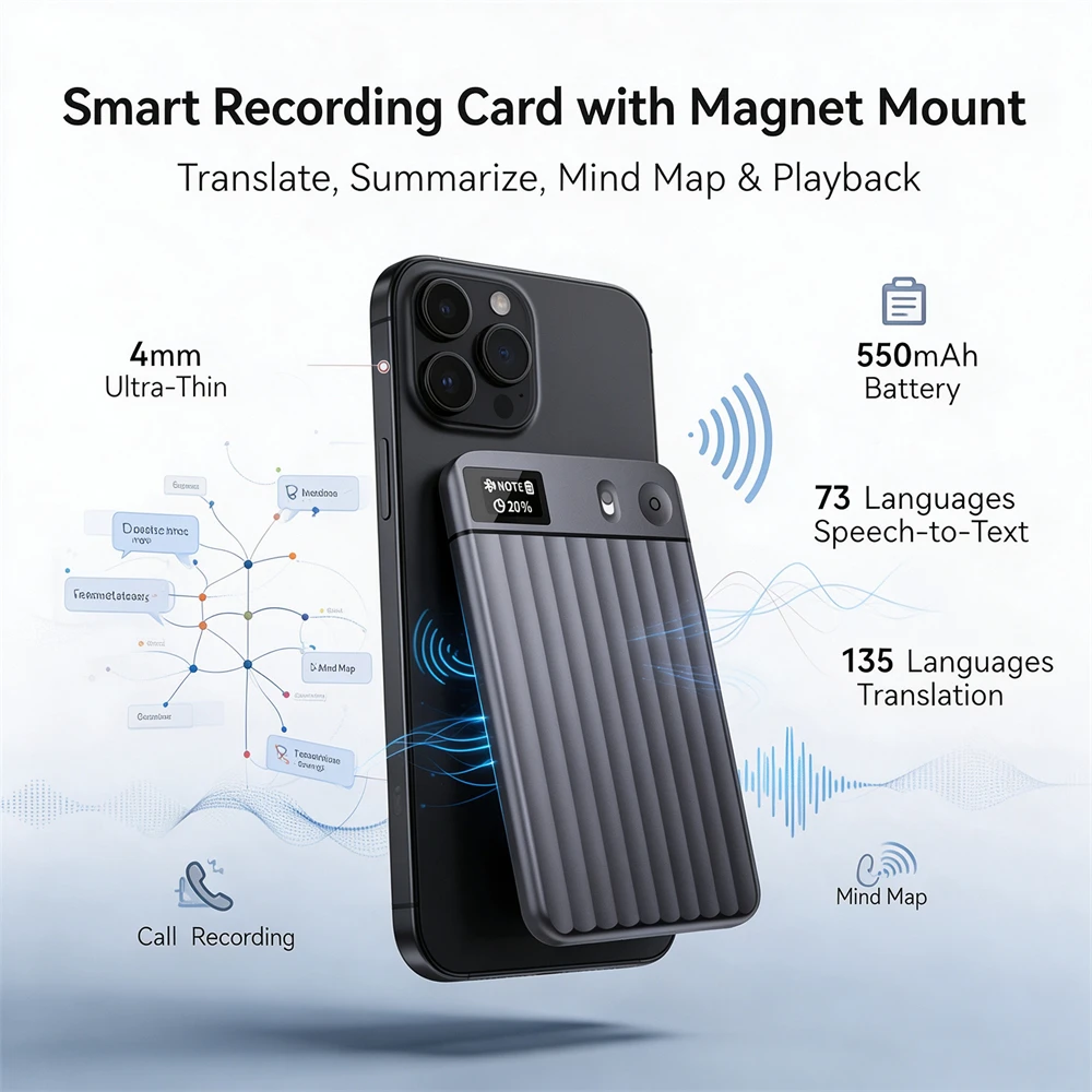 Carte d'enregistrement magnétique ultra-fine, enregistreur vocal pour téléphone portable, lecture, 550 mAh, 73 langues, synthèse vocale, traducteur de 135 langues