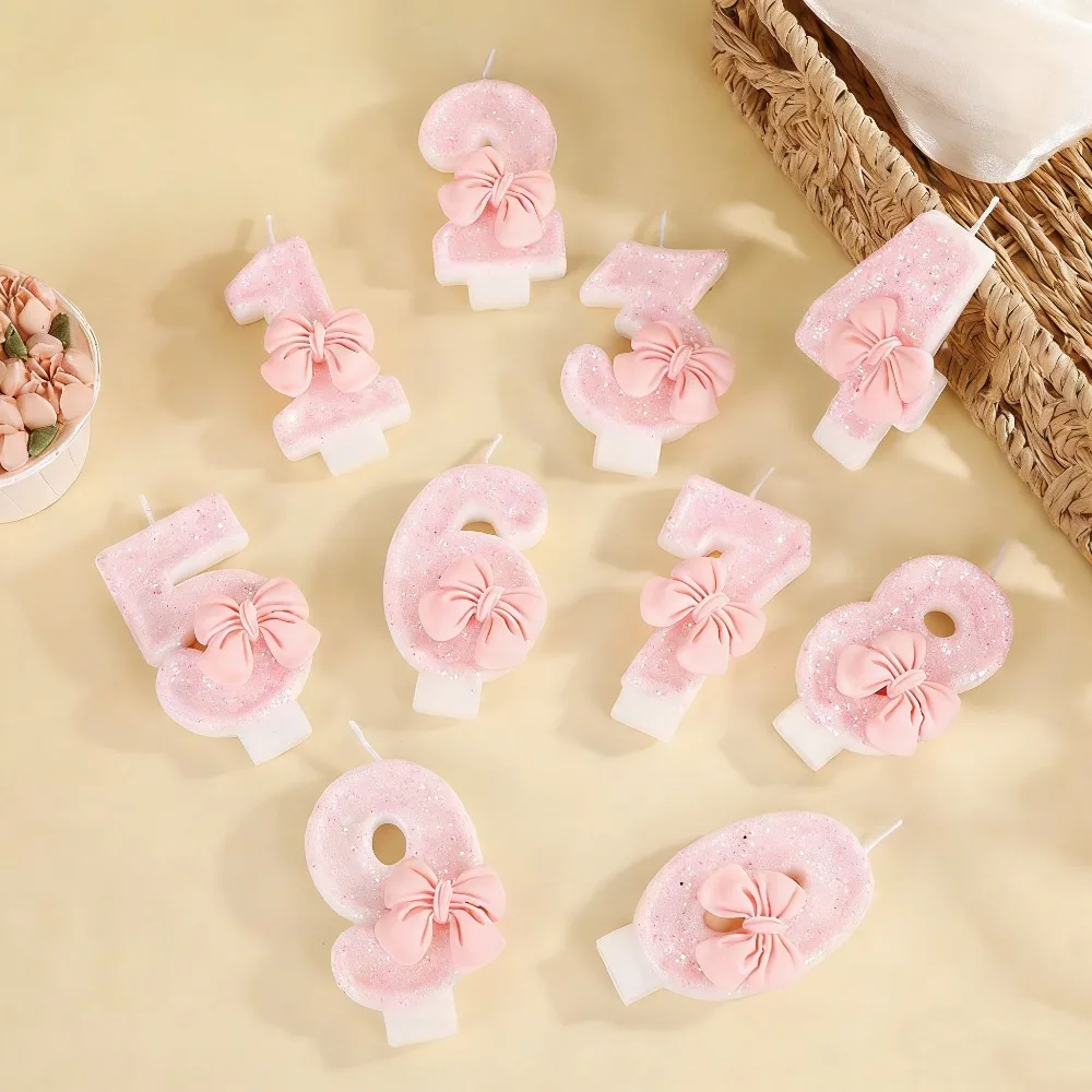 Velas de fiesta con lazo rosa número 0-9, suministros de decoración de pasteles para fiesta de cumpleaños para niños, fiesta de feliz cumpleaños rosa bonita