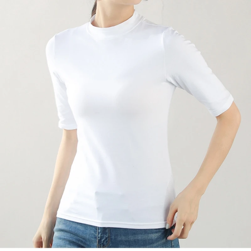 Women 96% Cotton Top Mock Neck Half Sleeve T Shirt White Spring Casual Basic Top Tee Layering Inner Wear Elegant Korea Style