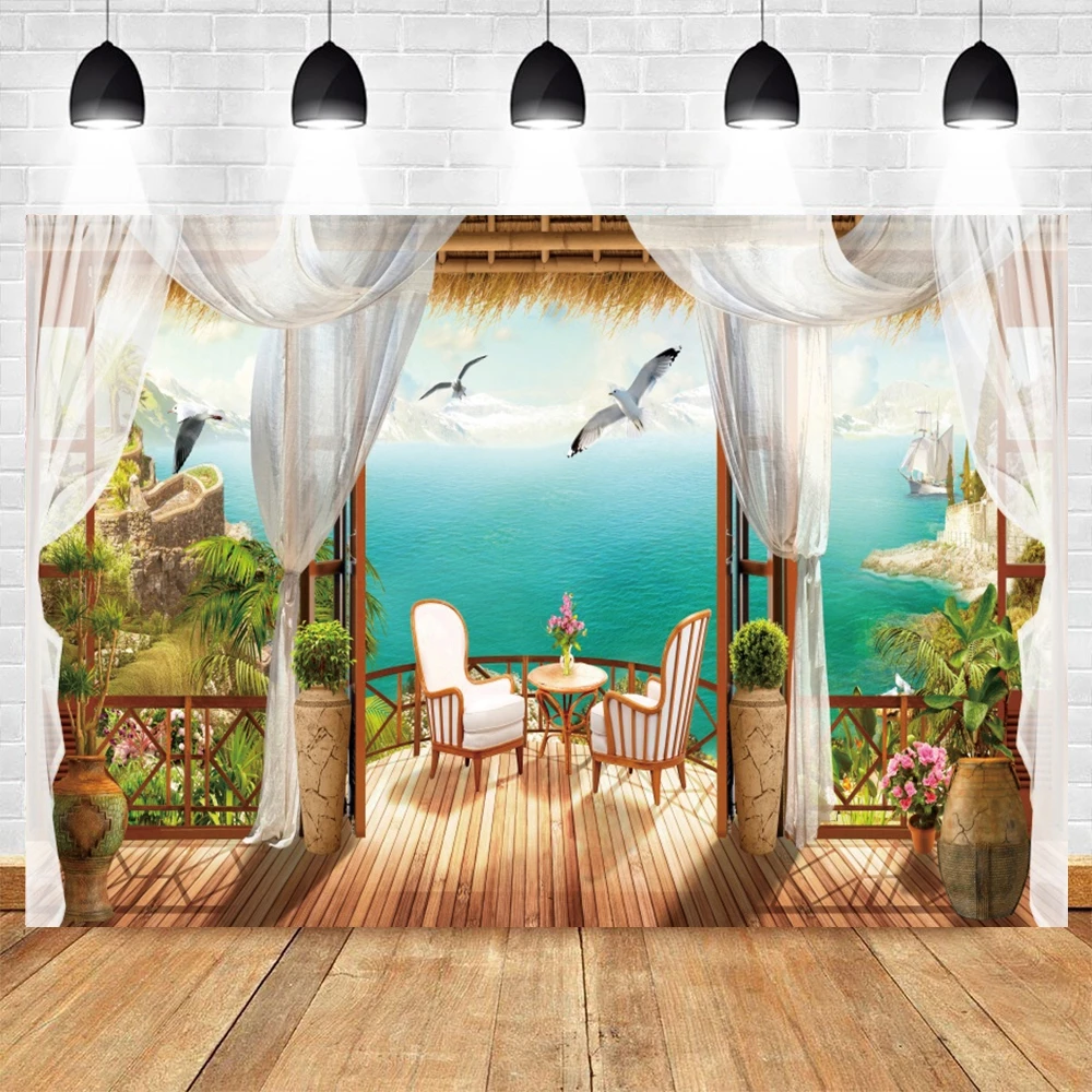 Фон для фотосъемки с изображением летнего побережья праздников зеленых ладоней балкона природного ландшафта фон для фотостудии