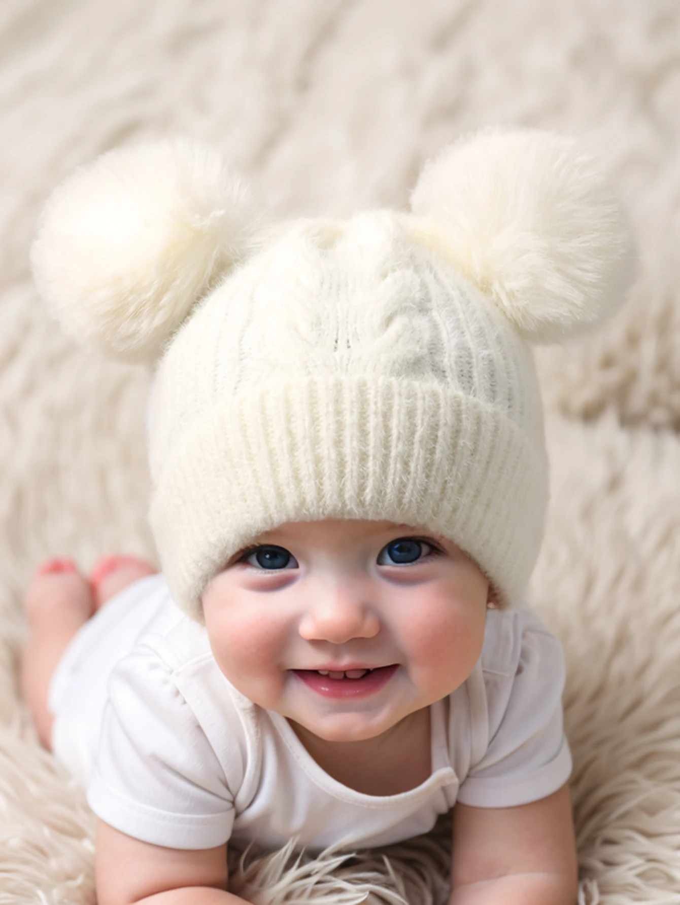 1pc Baby double Pom-Pom Beanie, Cozy Knit Winter Warm Heart Cute Hat For Kids 1-3Y