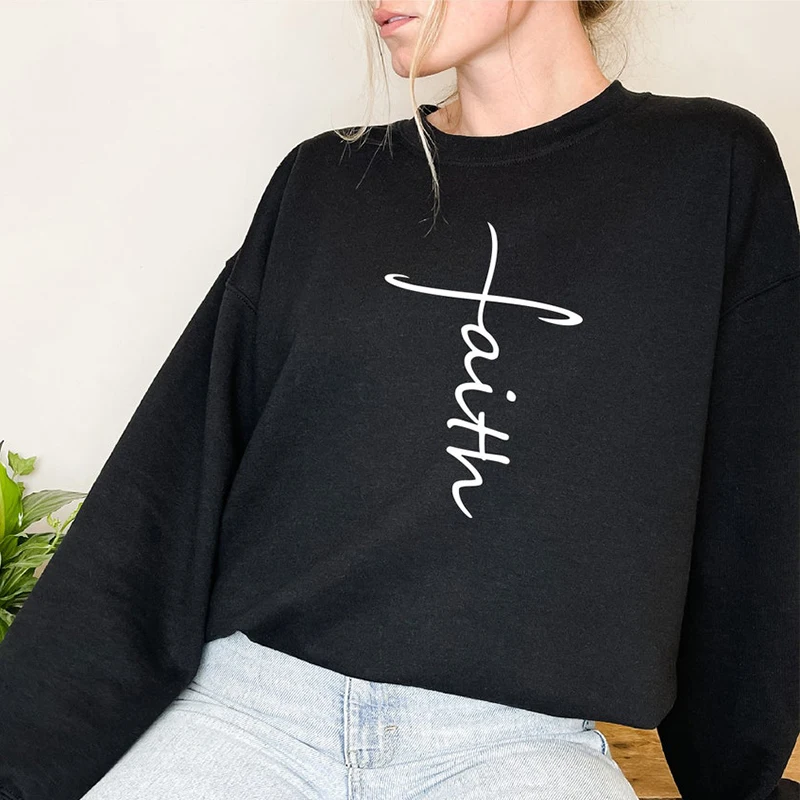 Faith Cross Letters Printing Sweatshirt for Female Loose Easter Christian Clothing Women Inspired Motivation Jumper Dropshipping