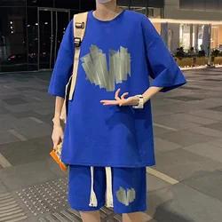 Men T-shirt Shorts Set Simple Pockets Two-piece Knee Length Pants Summer Tracksuit Summer T-shirt Shorts Set Young Style