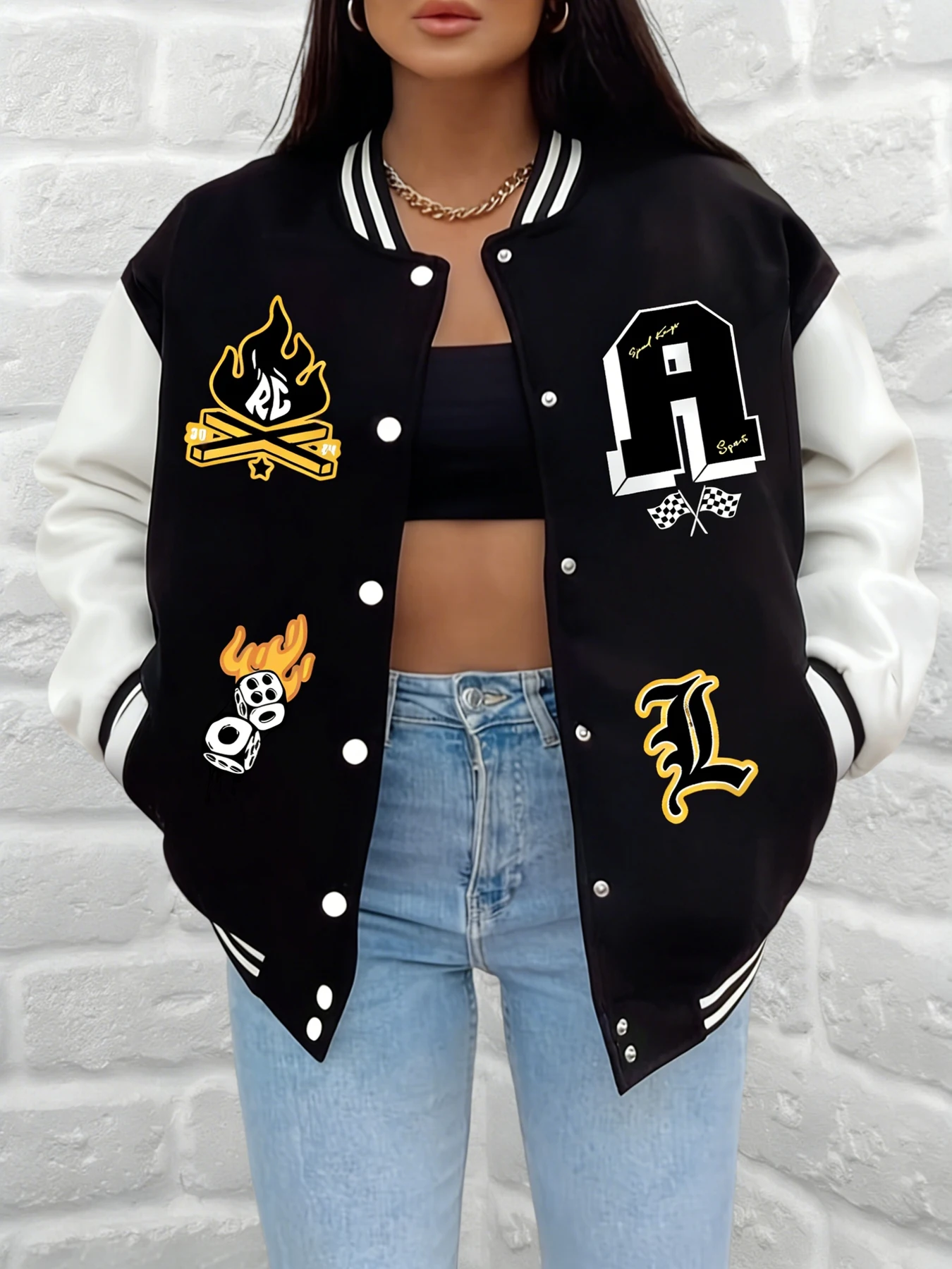 

Women Flame Dice Checkerboard Print Baseball Jacket Letter A L Pattern Varsity Coat Loose Fit Outerwear Casual Street Fashion