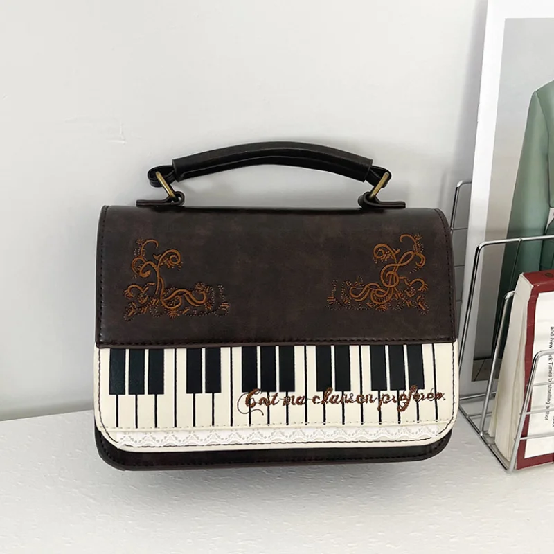 Vintage Piano Key Print Crossbody Bag Music Note Embroidery Magnetic Buckle Design Square Shoulder Bag Women's Commuting Handbag
