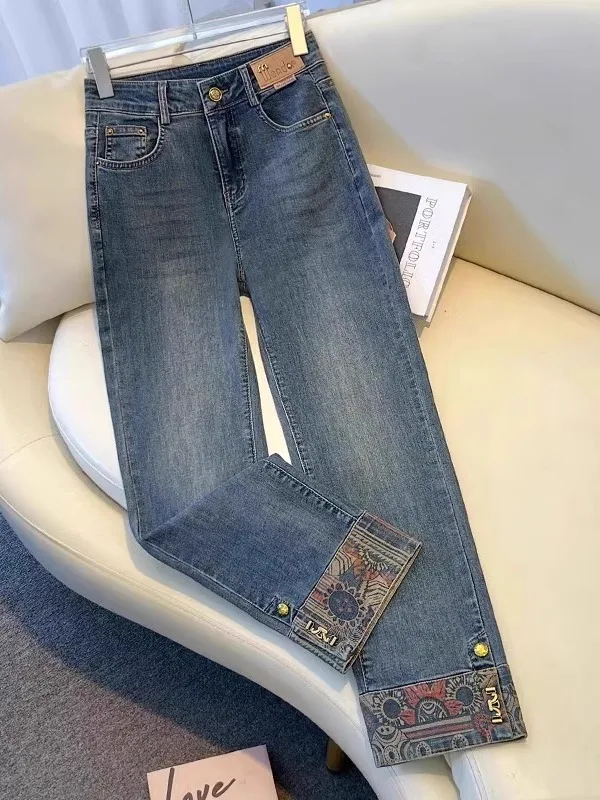 

Retro New Chinese Style Straight Leg Denim Jeans Women's Spring Summer 2025 New Patchwork Nine Points Embroidery National Sty...