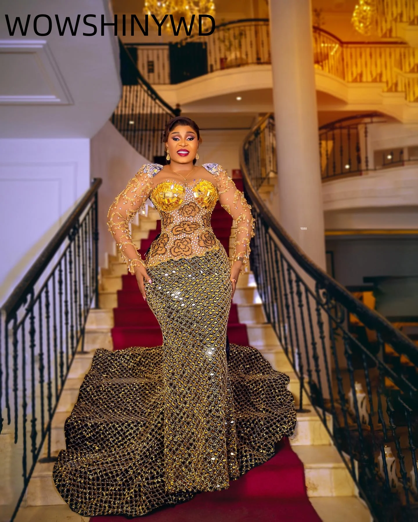 Customized 2024 Black Gold Mermaid Prom Dresses Rhinestones Beaded Evening Formal Party Second Birthday Gowns Dresses ZJ125