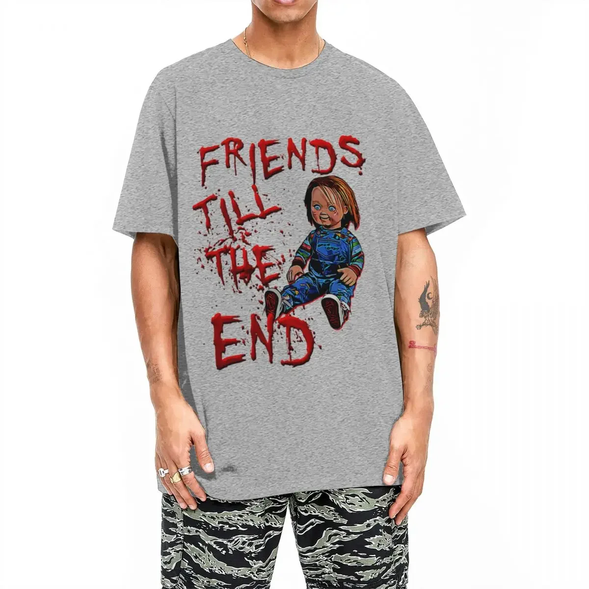 Vintage Friends Till The End Tshirt For Men Women Cotton Short Sleeve 80s Scary Horror Good Guy Chucky Round Neck Summer Clothes