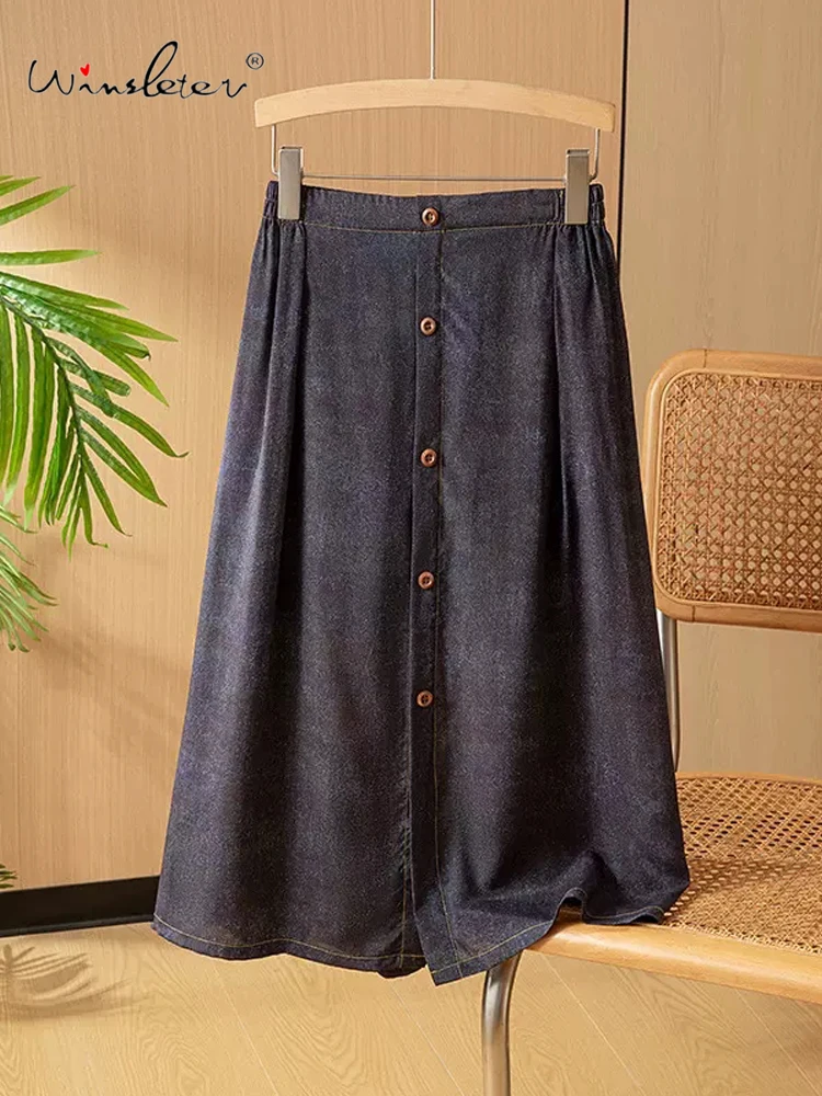 Winsleter, 100%Real Silk Elegant Skirts, Women High Waist Denim Color, French Retro Commute Skirt, 2024 Summer Autumn B47802QC