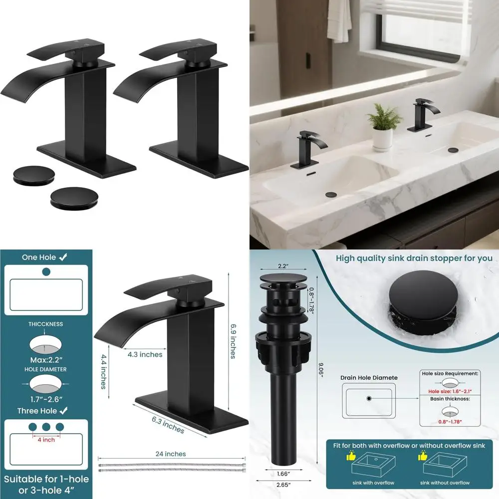 

Modern Matte Black Waterfall Bathroom Sink Faucet, Single Handle Mixer Tap with Pop-up Drain & Hoses, 2 Pack