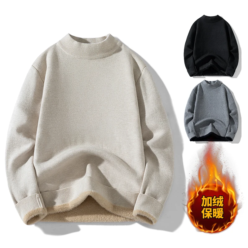 

Men Round Neck Sweatshirt Men Winter Velvet Warm Knit Sweatshirts Men's Thick Plus Velvet Solid Color Loose Base Sweater Clothes