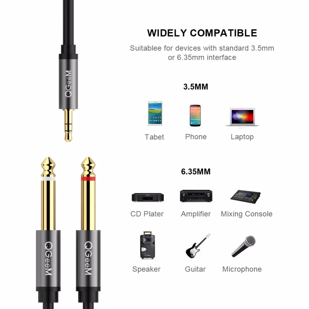 QGeeM Jack 3,5 mm do 6,35 mm * 2 Adapter Kabel audio do miksera Wzmacniacz Głośnik Pozłacany kabel audio 6,5 mm 3,5 Jack Splitter