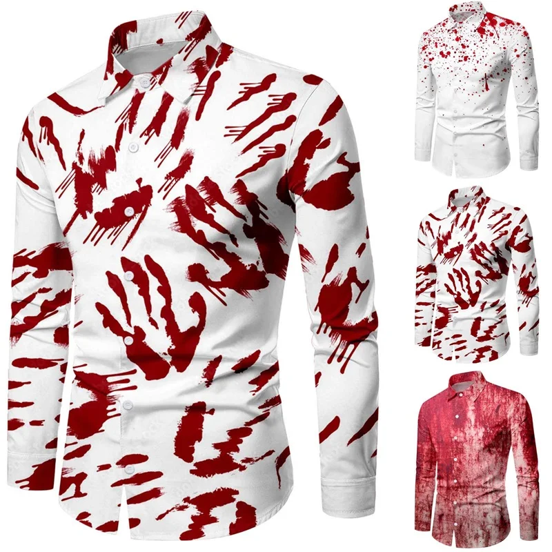 Douhoow Men Slim Fit Shirts Halloween Bloody Print Button-Down Long Sleeve Tops Turn-Down Collar Fall Winter Casual Clothes