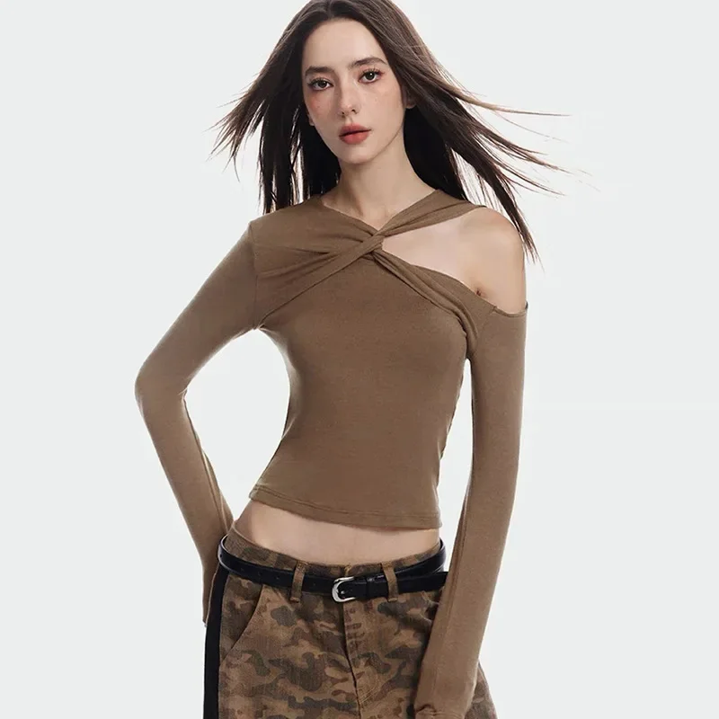 Büküm Kesip Üst kadın Sonbahar Bahar Rahat Temel Uzun Kollu T-shirt Kore Moda Şık Üstleri Tasarım Tees