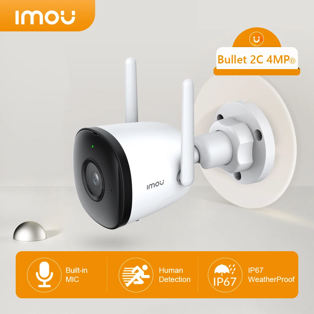 Imou Bullet 2C 4MP Dual Antennas Wifi IP Camera 야외 지원 소프트 AP Onvif IP67 Weatherproof 내장 마이크 AI 사람 감지 야간 시야 Wifi & 이더넷 연결 2.8mm 3.6mm 다중 렌즈 옵션 8X 디지털