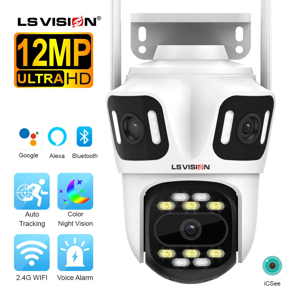 

LS VISION 6K 12MP Three Screens WiFi IP Camera Outdoor Auto Tracking Waterproof Video Surveillance CCTV Cameras Alexa iCSee App