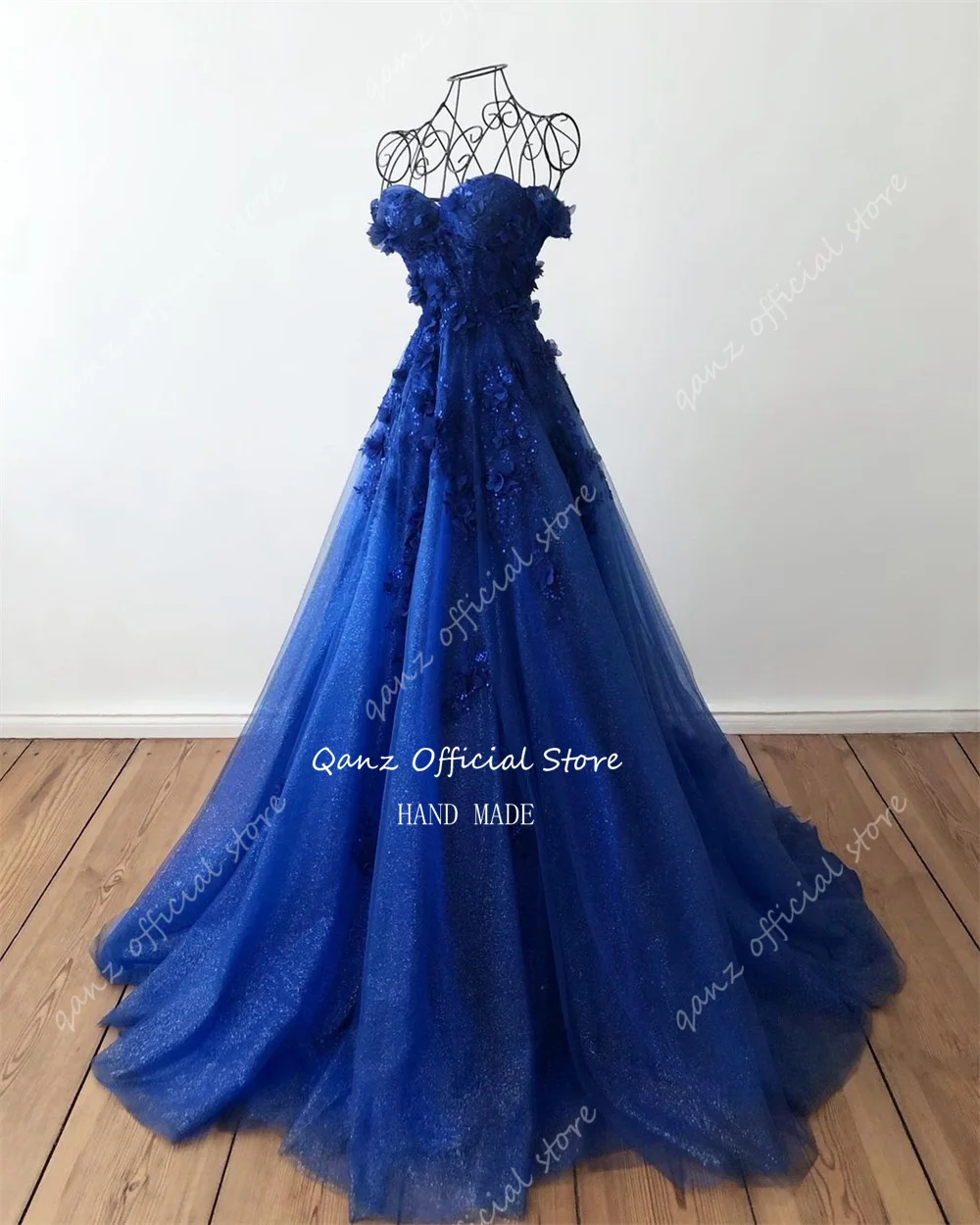 Qanz Elegant Tulle Evening Dresses Spaghetti Straps Handmade Flowers Formal Occasion Dresses Long Corset Party Gown Customized