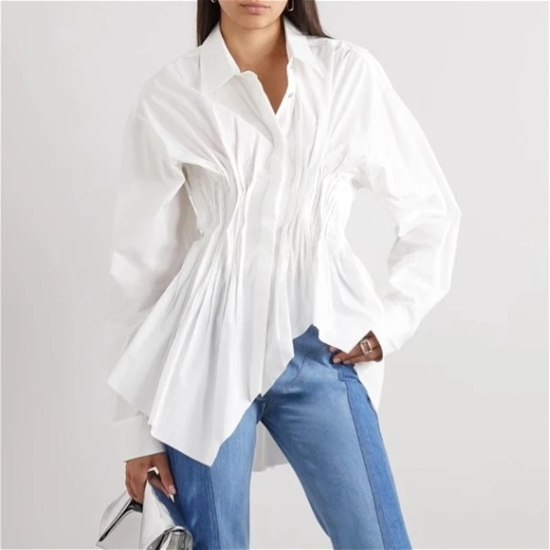 

Women Irregular Shirt White Shirts Solid Fishtail Hem Waist Cinched Long Sleeves Polo Collar Loose Fit Office Lady 2025 Autumn