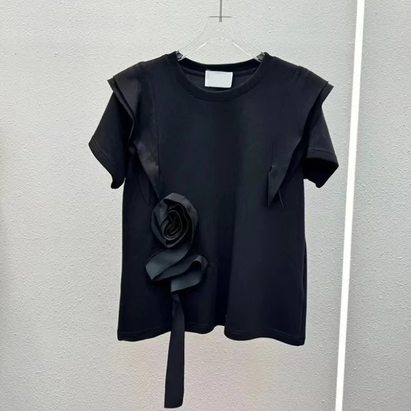 New In 2024 Summer Spring Fashion Cotton T-shirt Elegant O Neck Short Sleeve Patchwork 3D Flower Tassel Tops Tees T Shirt