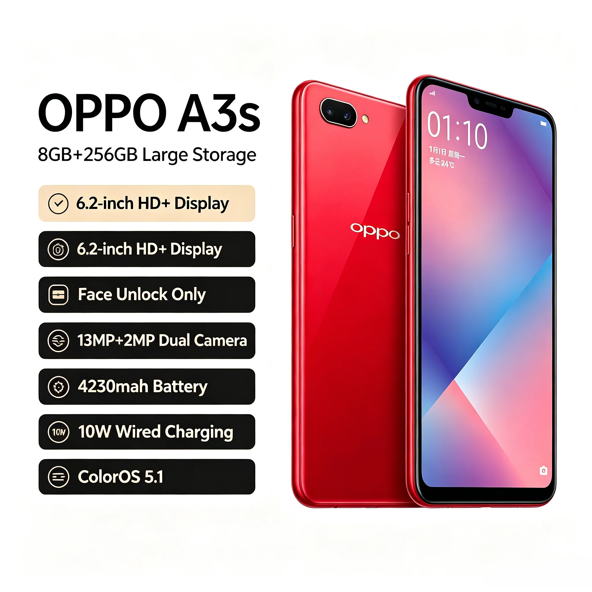 New Arrival 2026 OPPO A3s Updated Version 5G Global Unlocked Cellphone 8GB RAM 256GB ROM Dual SIM Card 6.2'' HD+ Screen Helio