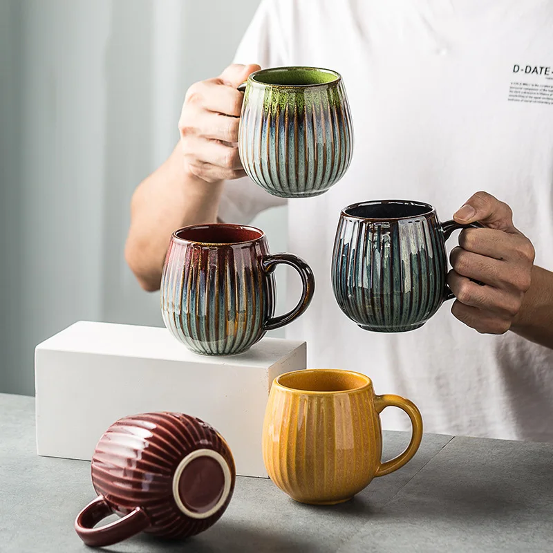 

Glaze Kiln-Creative Vertical Pattern Water Cup with Handle, Coffee Cup, Large Capacity Ceramic, Retro Milk Cup, Household