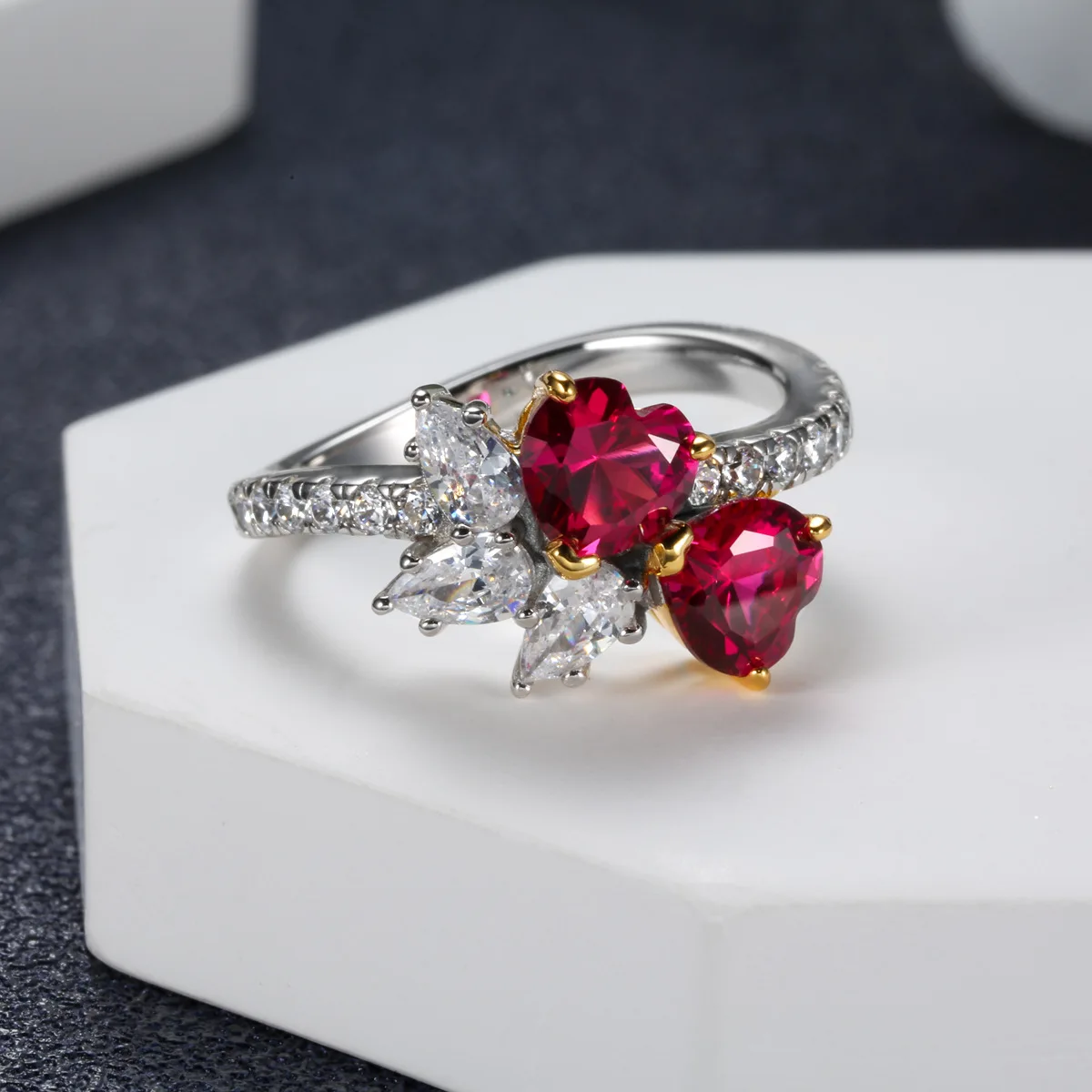 

S925 Sterling Silver High-end Full Diamond Red Heart Diamond Ring Double Love Ring Women's High-end Jewelry High Quality