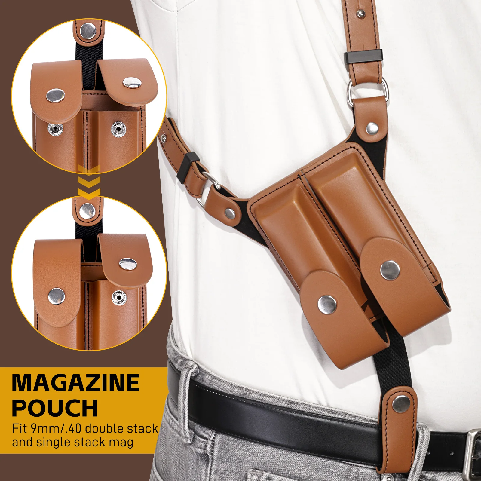 PU-Leder Schulterholster, Verstellbares Unterarm-Holster für verdecktes Tragen mit Doppelmagazintasche für Glock 1911 Sig Sauer – Detail 4