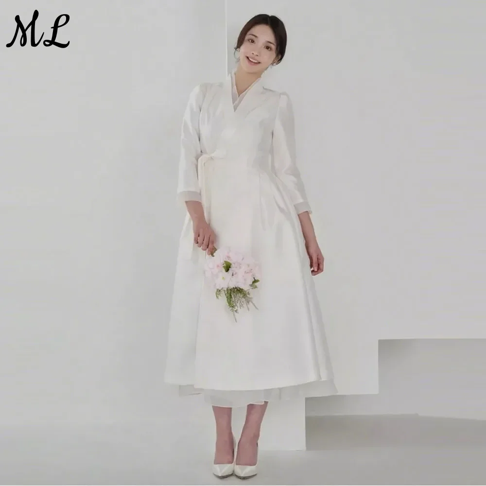 

ML Elegant Silk Satin Evening Dress V-Neck Long Sleeves Prom Gowns Korea Wedding Dress Photo Shoot Customized Party Gown 2026