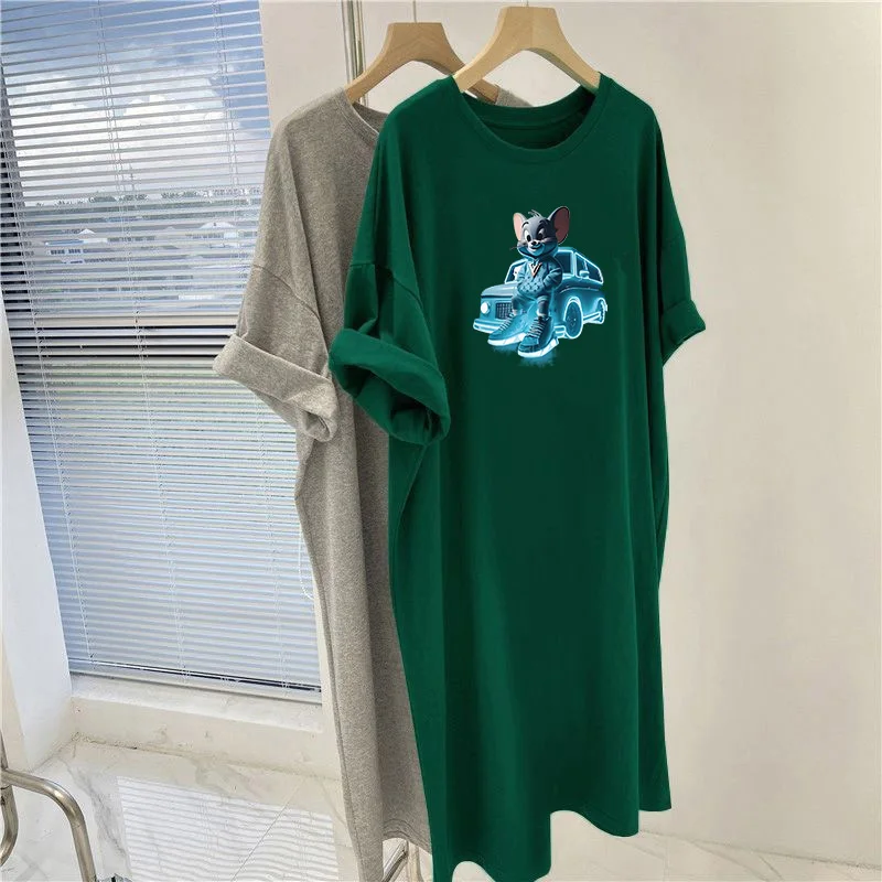 Women Clothing Fashion Short Sleeve O-neck Dresses, Summer Loose Casual Pullovers Dress, Cartoon Printed Overknee Tunic