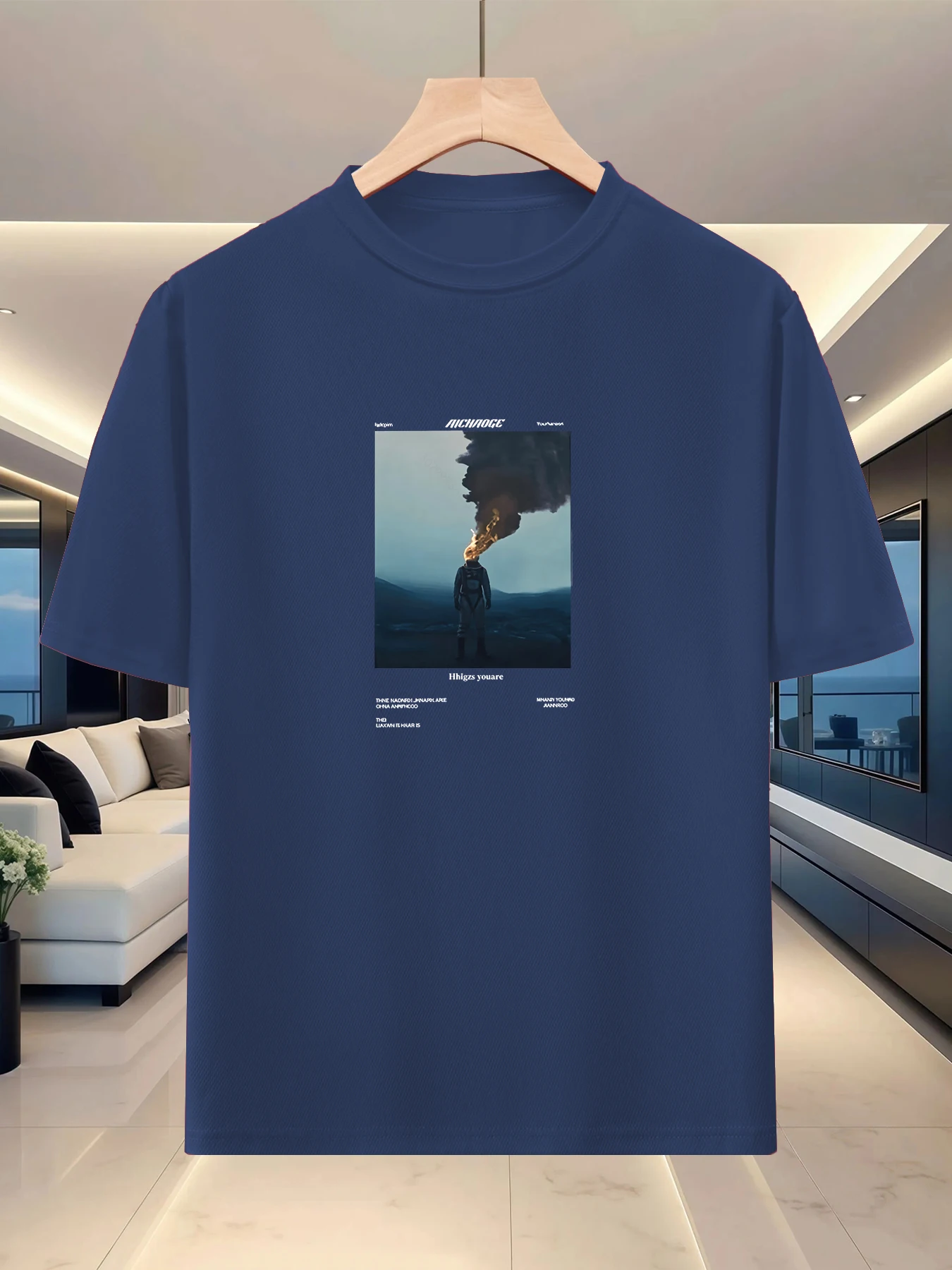 Minimalist style men's loose shoulder top for spring and summer travel, trendy art printed casual silhouette T-shirt