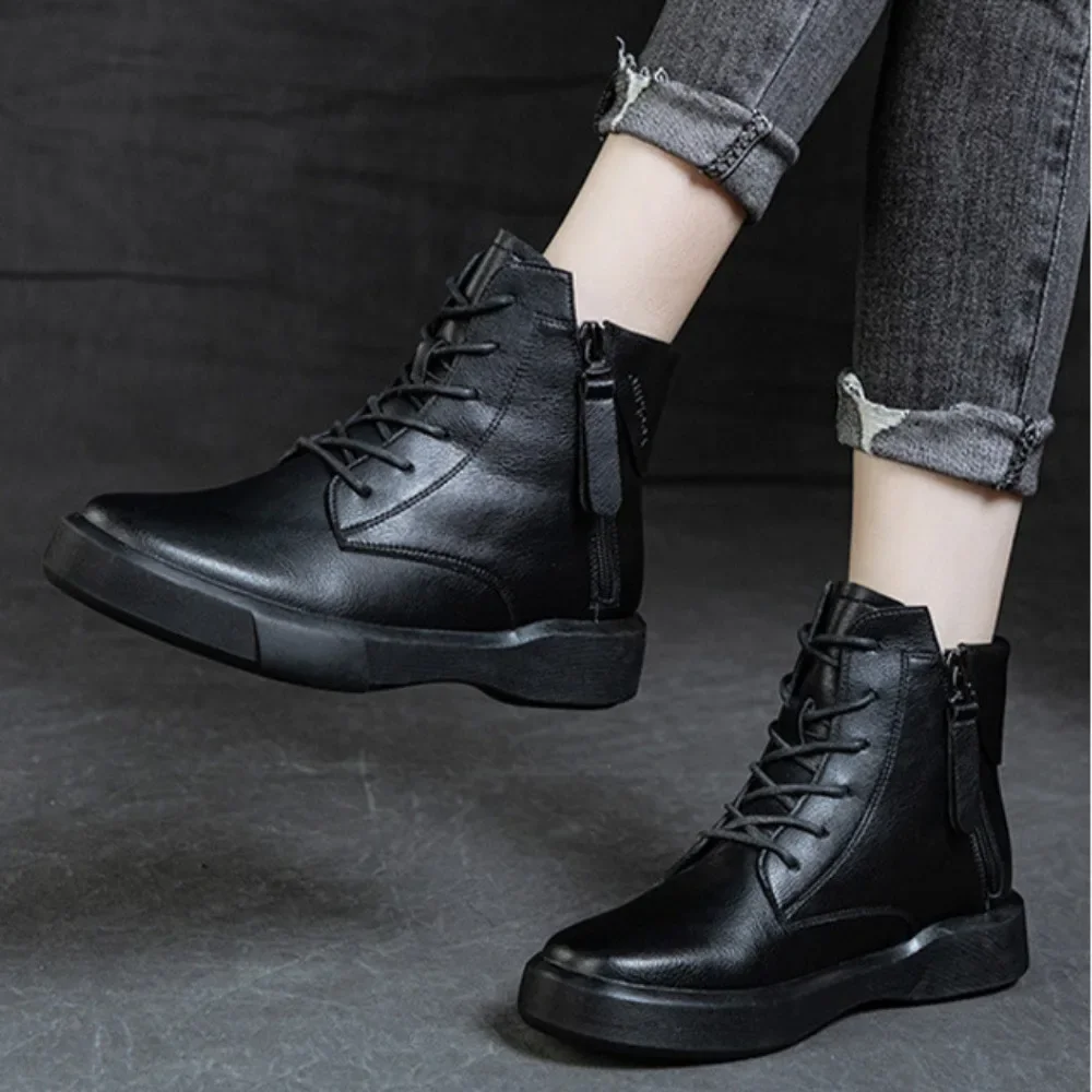 Genuine Leather Women\'s Boots Short Boots Thick Soled Knight Boot Womens Casual Shoes Versatile Woman\'s Shoes Platform Shoes