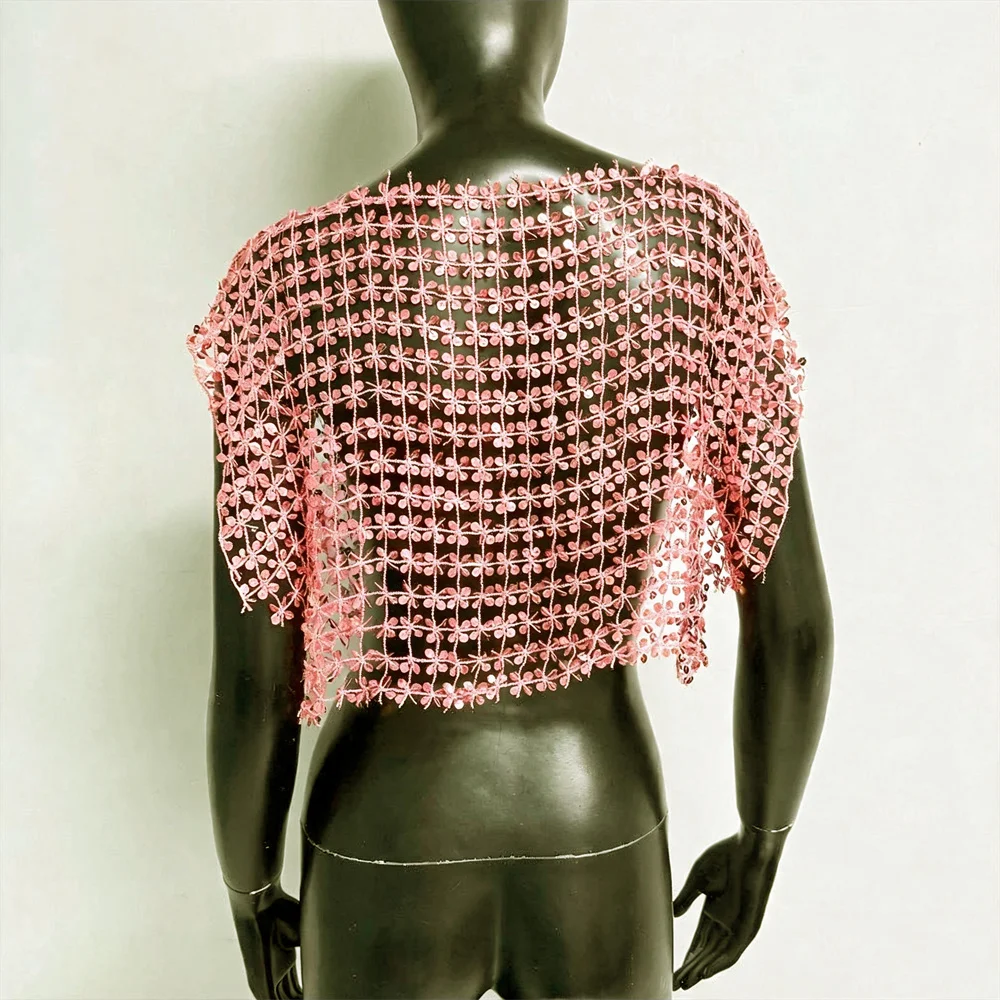 Damen Acryl-Pailletten Mesh Crop Tops Sexy Ausgehöhlt Durchsichtig Handgefertigtes Patchwork T-Shirt Rave Festival Party Tanktops – Detail 20