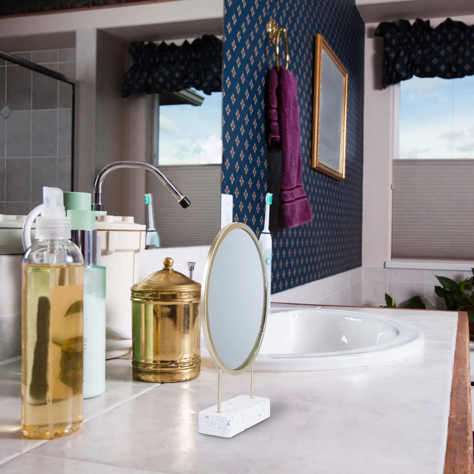 مرآة كونترتوب متعددة الوظائف لسطح المكتب، إطار معدني عالي الجودة، صورة واضحة، قاعدة مضادة للانزلاق، ذهبي