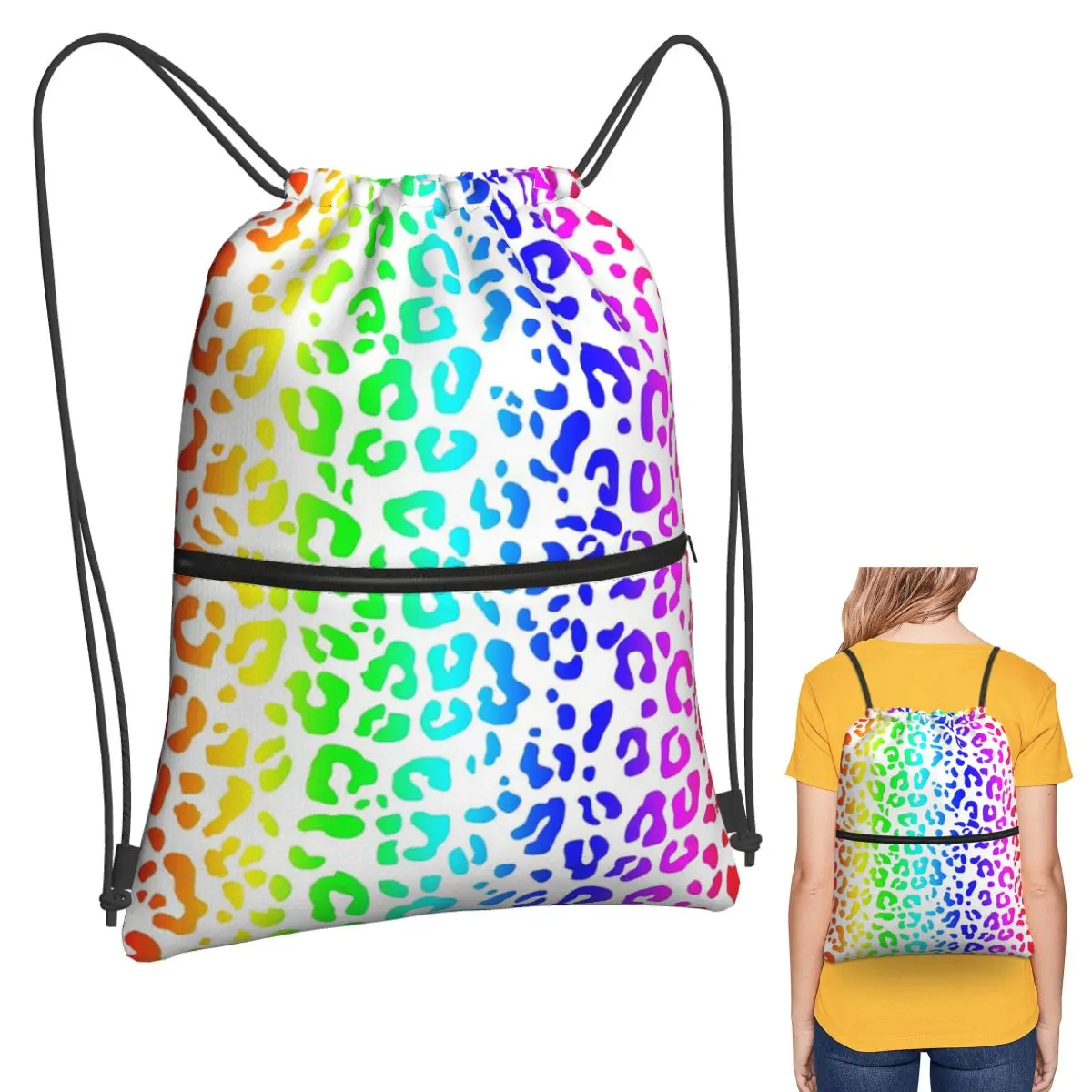 

Рюкзаки с радужными и белыми пятнами и леопардовым принтом, портативный комплект на шнурке, карманная сумка для мелочей, сумки для книг для мужчин, женщин, студентов